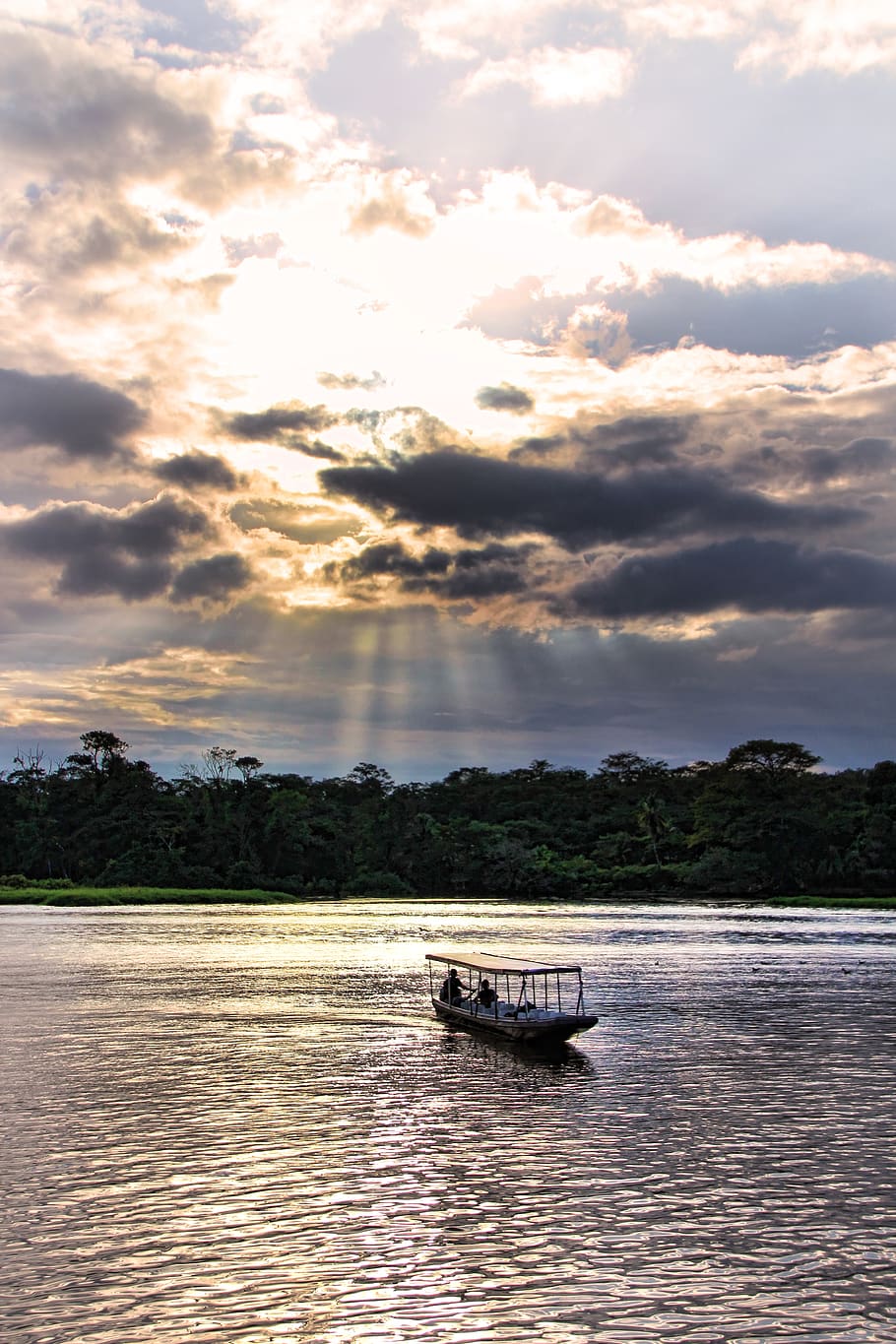 sunset, river, ship, boat, clouds, dramatic, landscape, water HD wallpaper