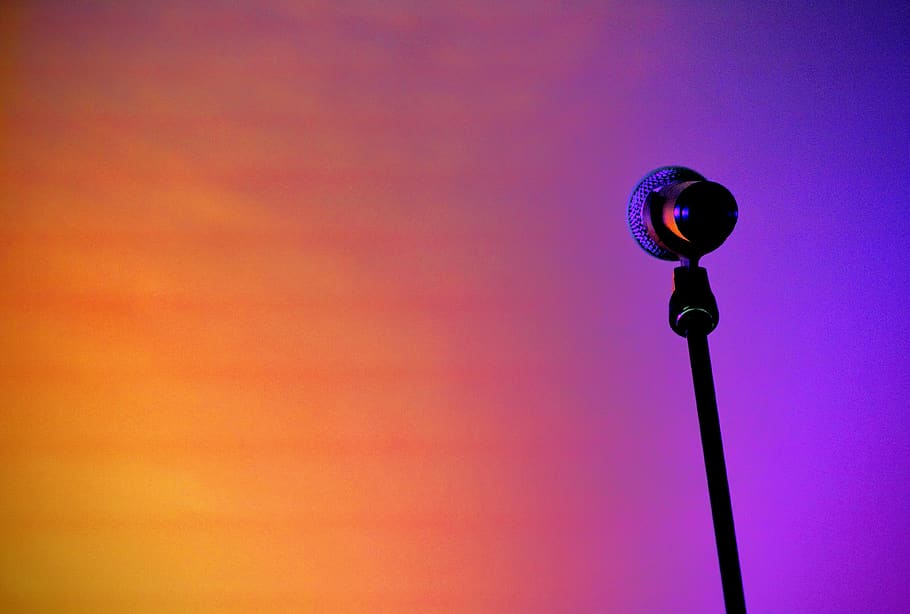 black wireless microphone on black stand, lighting equipment HD wallpaper