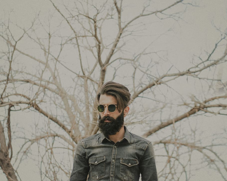 men's black button-up jacket, one person, bare tree, portrait HD wallpaper