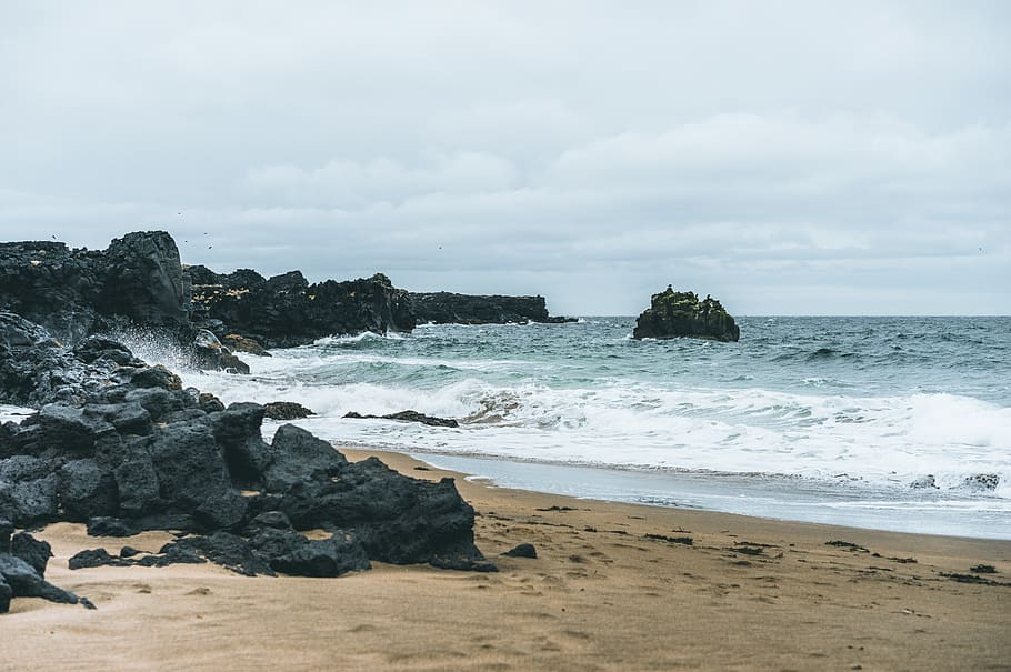 iceland, sky, ocean, water, sea, beach, sand, coast, waves HD wallpaper