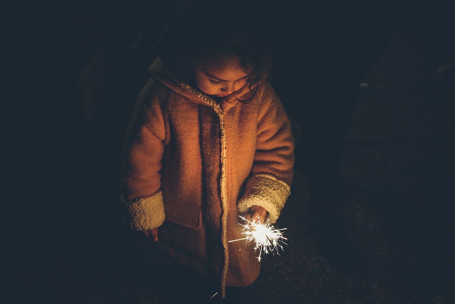 people, kid, child, cold, night, dark, jacket, fireworks, spark HD wallpaper