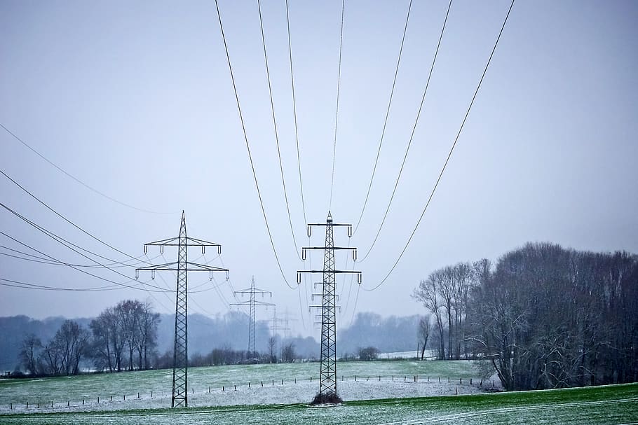 landscape, power poles, energy, current, power supply, power line, HD wallpaper