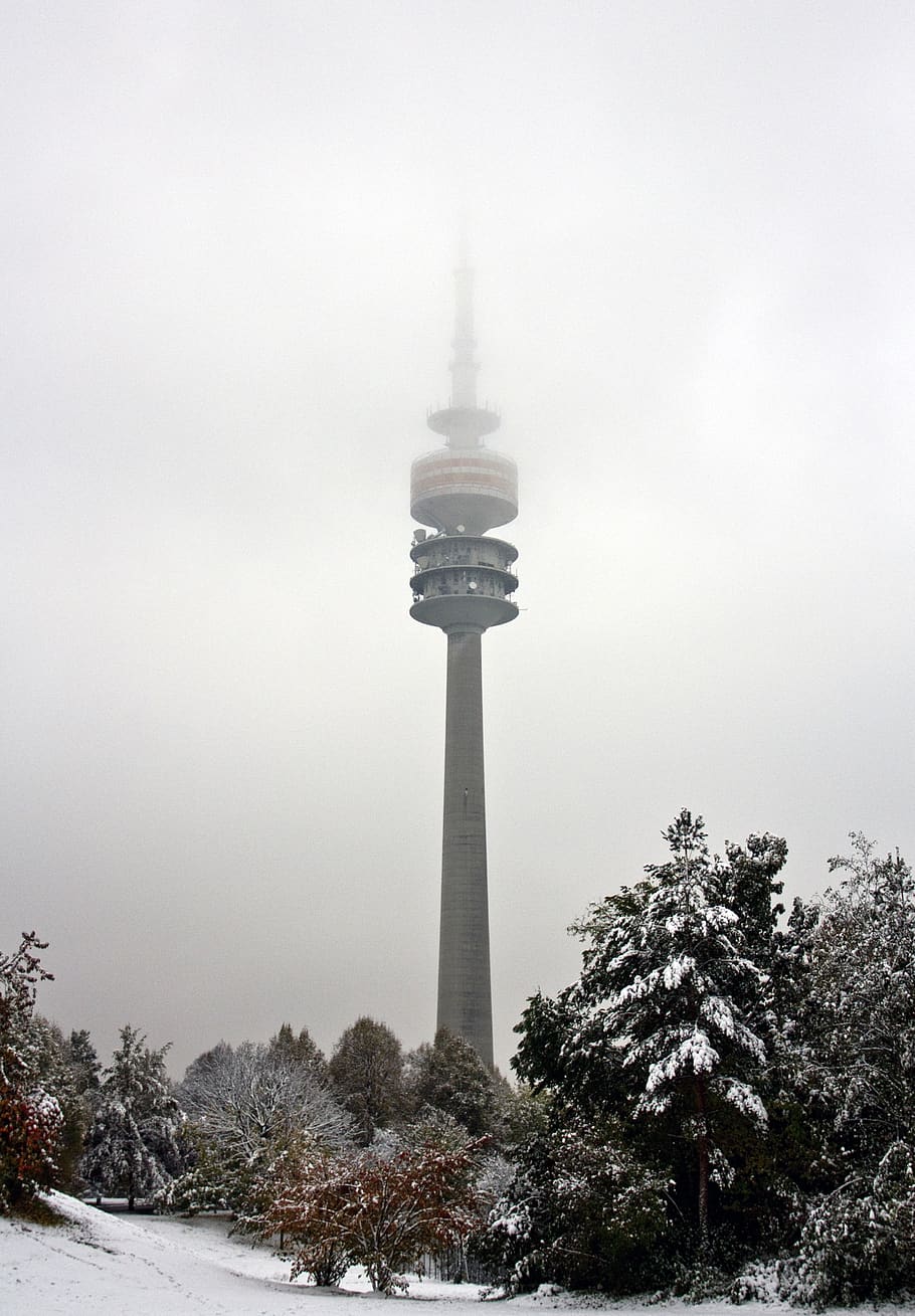 germany, münchen, olympiapark, winter, snow, fog, trees, tv HD wallpaper