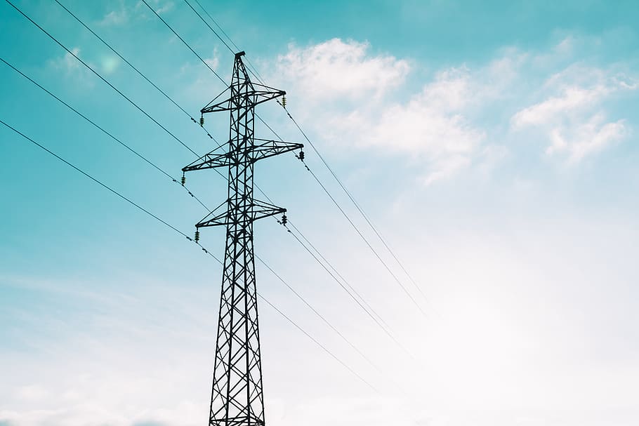 wire, cloud, green, blue, light, sky, tower, transmission, electricity HD wallpaper