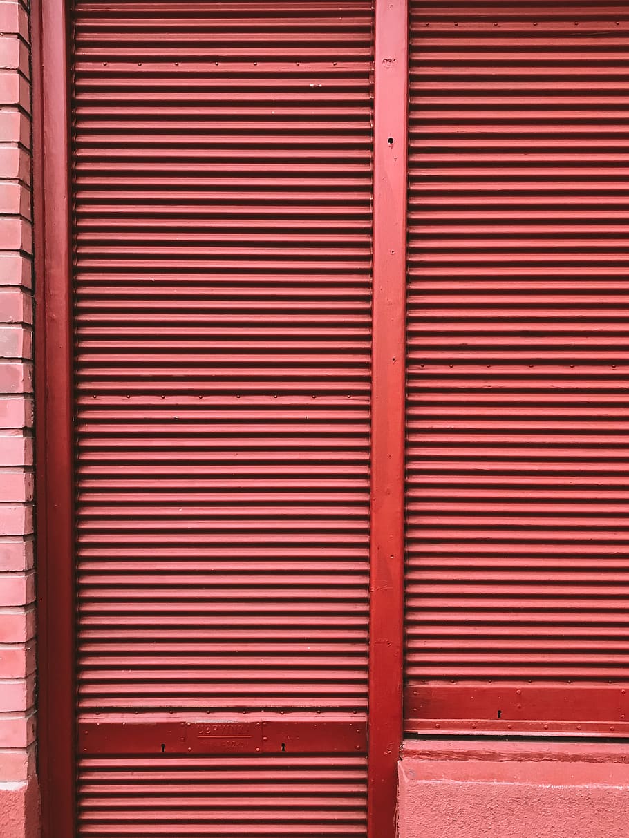 red wooden louvered door, home decor, curtain, shutter, window, HD wallpaper