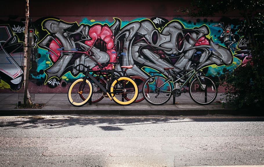 Black and Yellow Fatbike Beside Mountain Bikes, art, bicycles