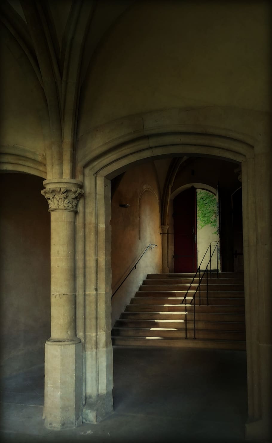 Beige Stone Stairway by Brown Door, ancient, antique, arcades HD wallpaper