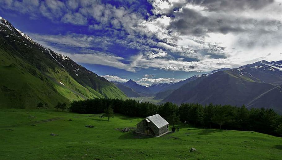 mountains, clouds, landscape, sky, nature, panorama, house HD wallpaper