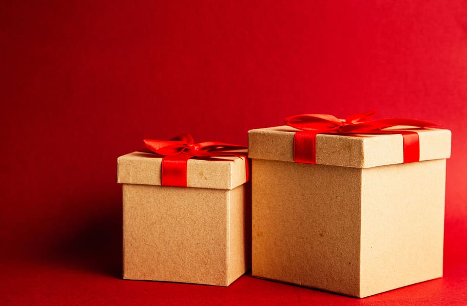 Two Brown-and-red Gift Boxes on Red Surface, background, birthday HD wallpaper