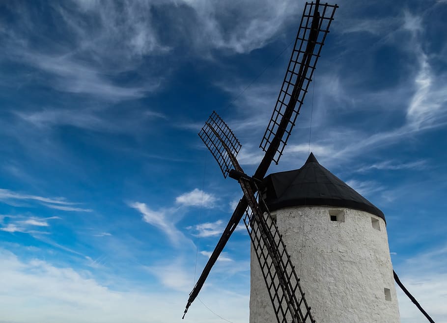 Black and White Windmill Tower and Clear Blue Sky, clouds, wind turbine HD wallpaper