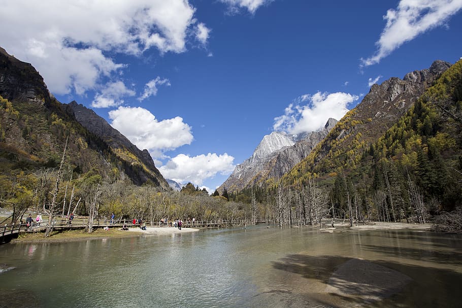 china, aba, rilongzhen, water, mountain, sky, scenics - nature HD wallpaper