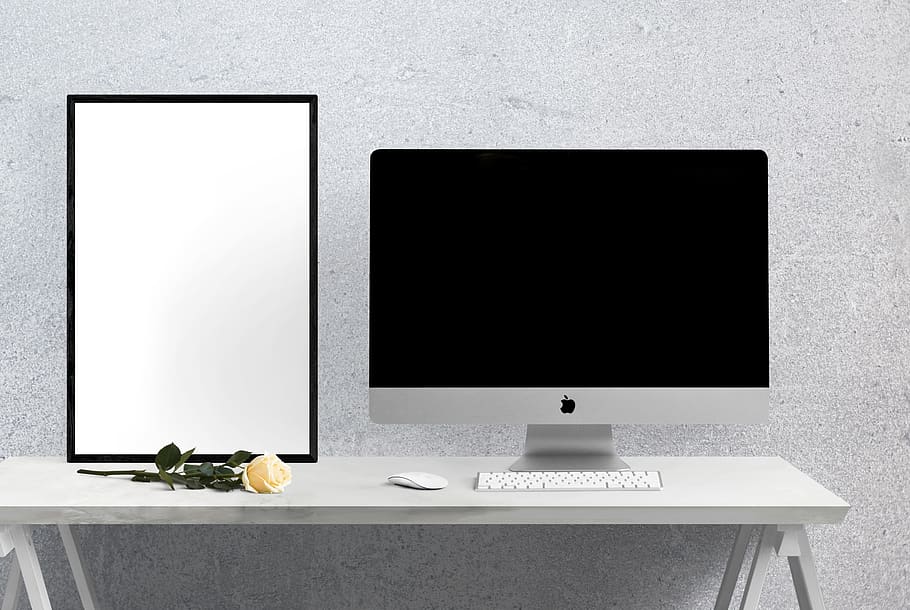 poster, frame, imac, computer, table, flower, interior, no people, HD wallpaper