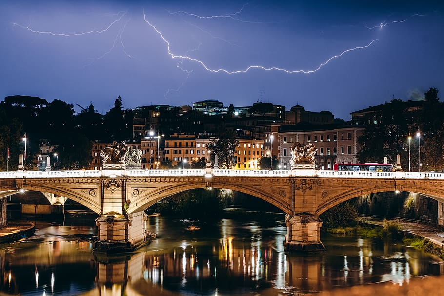 lightning over concrete bridge during night time, architecture HD wallpaper