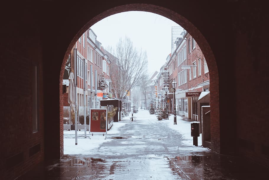 brown concrete buildings, built structure, architecture, snow HD wallpaper