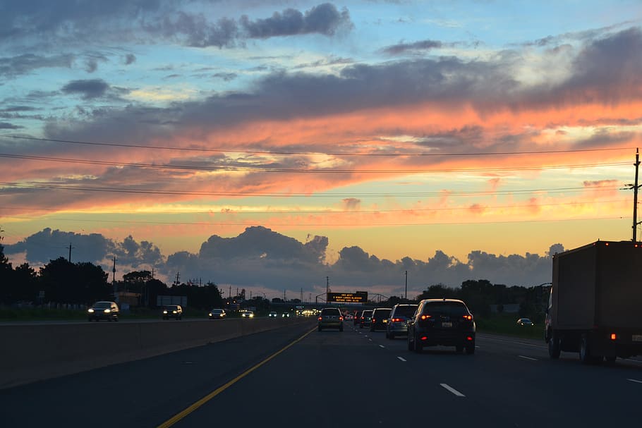 sky, sunset, transportation, cloud - sky, road, mode of transportation HD wallpaper