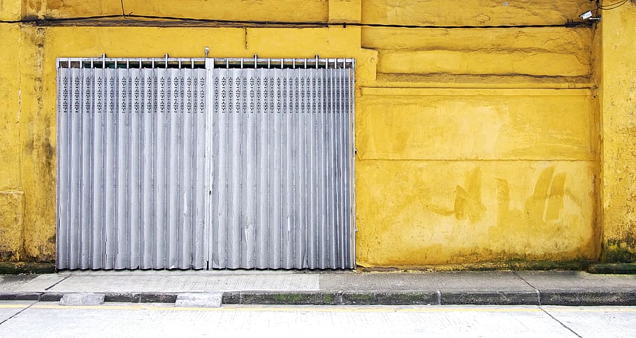 gray steel folding gatye, building, wall, yellow, street, architecture, HD wallpaper