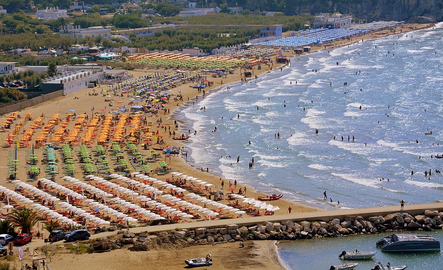 HD wallpaper: beach, umbrellas, sea, bathers, summer, waves, peschici ...