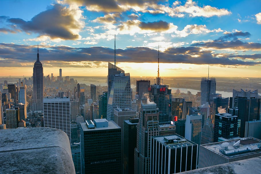 new york, sky, sunset, skyscrapers, building, travel, clouds