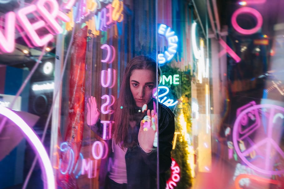 woman standing near neon signages, grunge, retro, purple, teenager