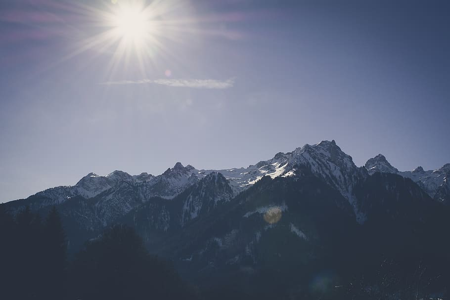 landscape, mountain, sun, sky, nature, outlook, view, snow HD wallpaper