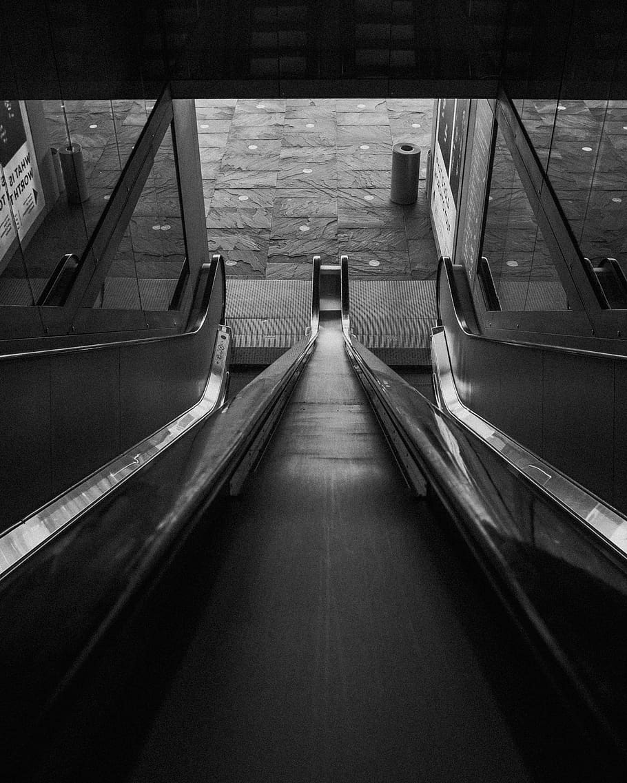 grey escalator, banister, handrail, corridor, railing, staircase HD wallpaper