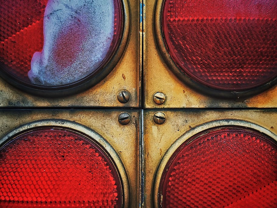 close up, macro, details, red, circle, screw, round, stop, light HD wallpaper