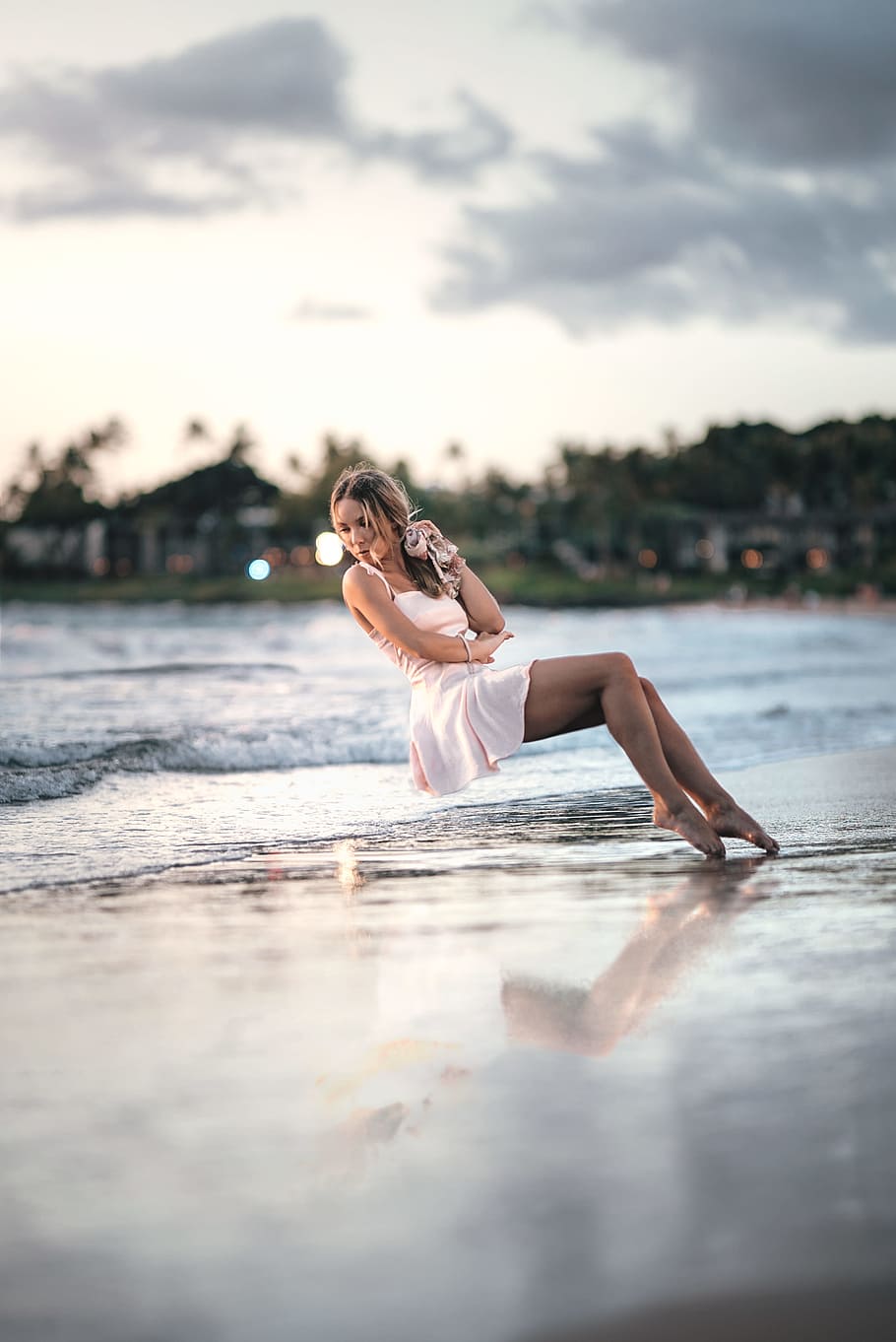 woman wearing pink mini dress on shore during daytime, love, adventure, HD wallpaper