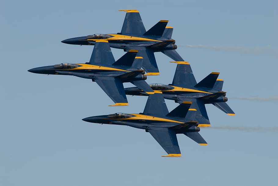 four blue jet fighters, transportation, airplane, aircraft, united states HD wallpaper