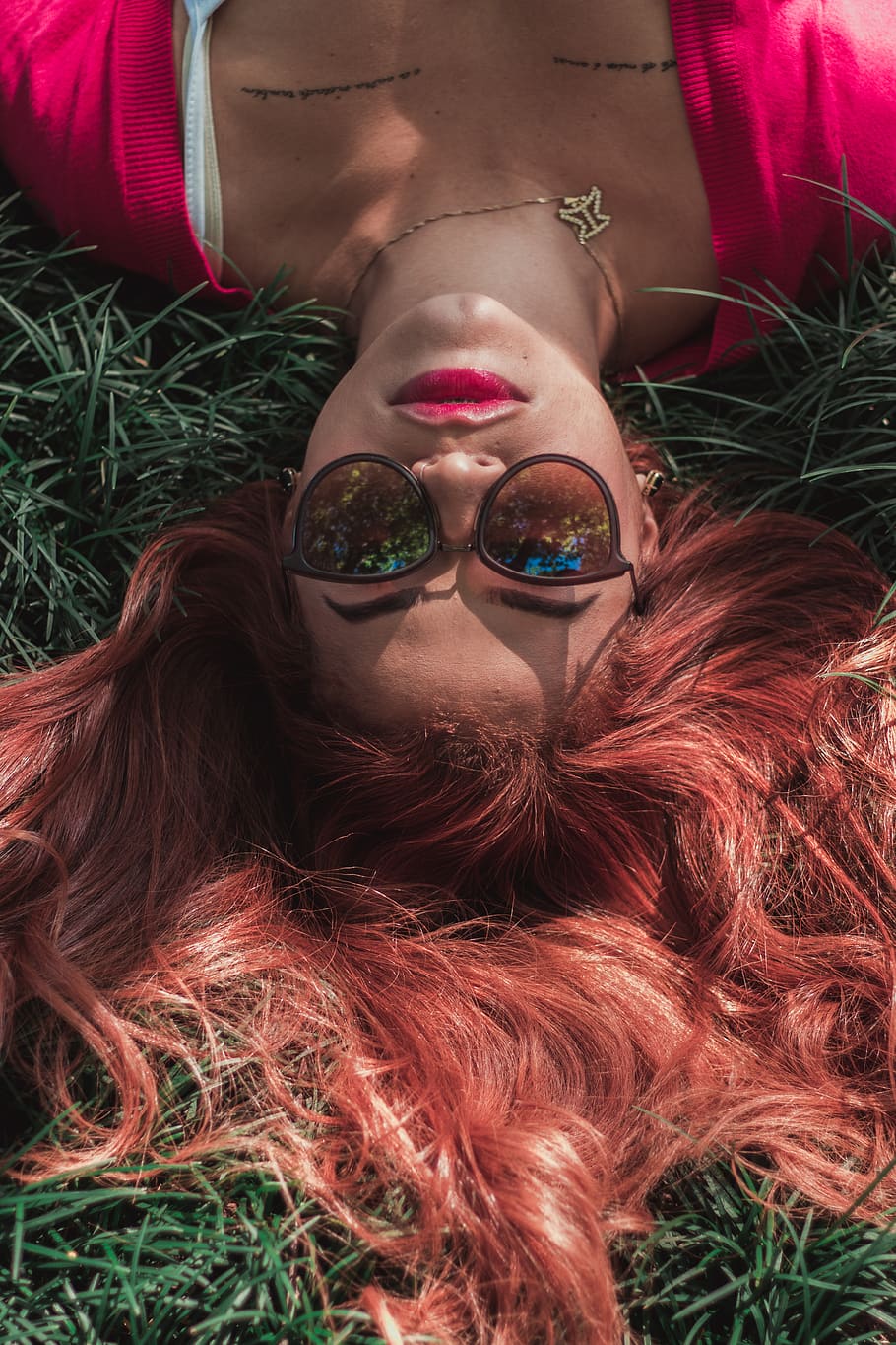 Woman Lying on Grass, beautiful, cute, daylight, face, facial expression HD wallpaper