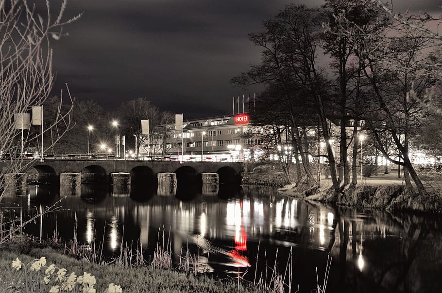 sweden, downtown, night, evening, light, lights, hotel, sign, HD wallpaper