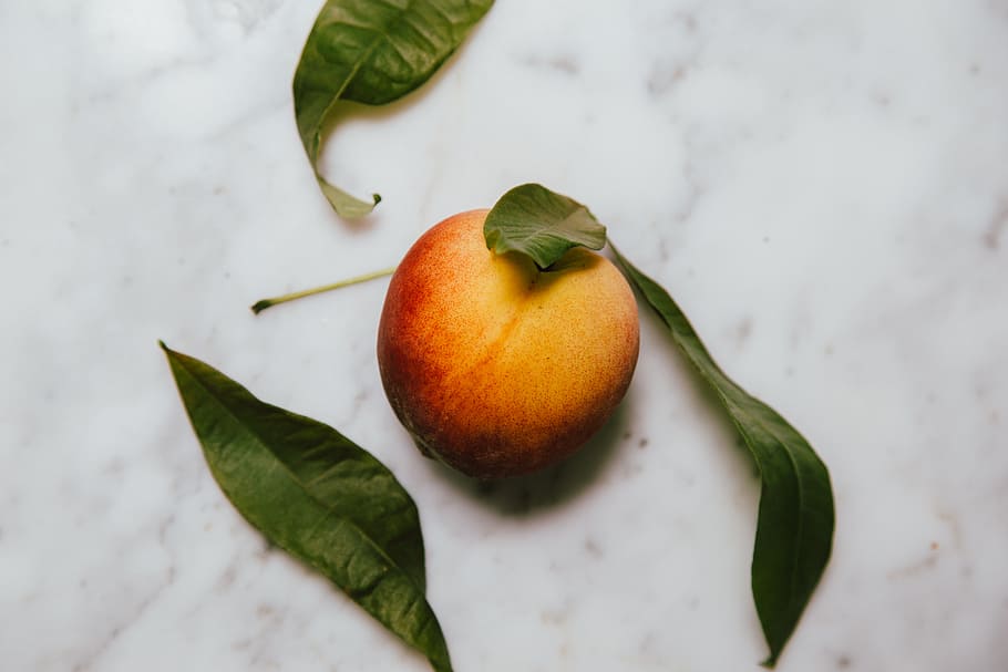 high angle photo of peach fruit, leaf, green, yellow, minimal HD wallpaper