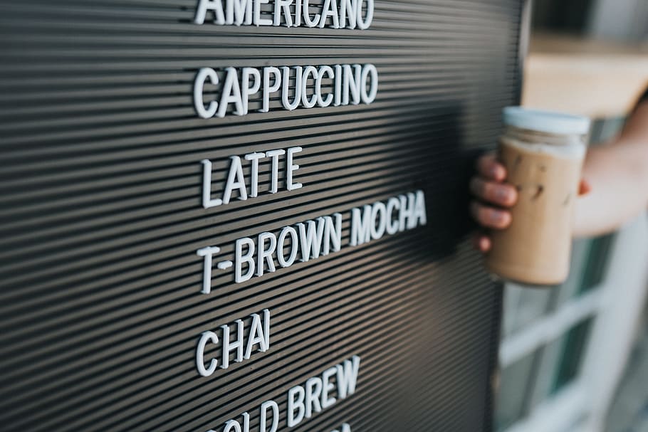 cafe drink menu, text, options, bokeh, blur, coffee, coffee addict, HD wallpaper