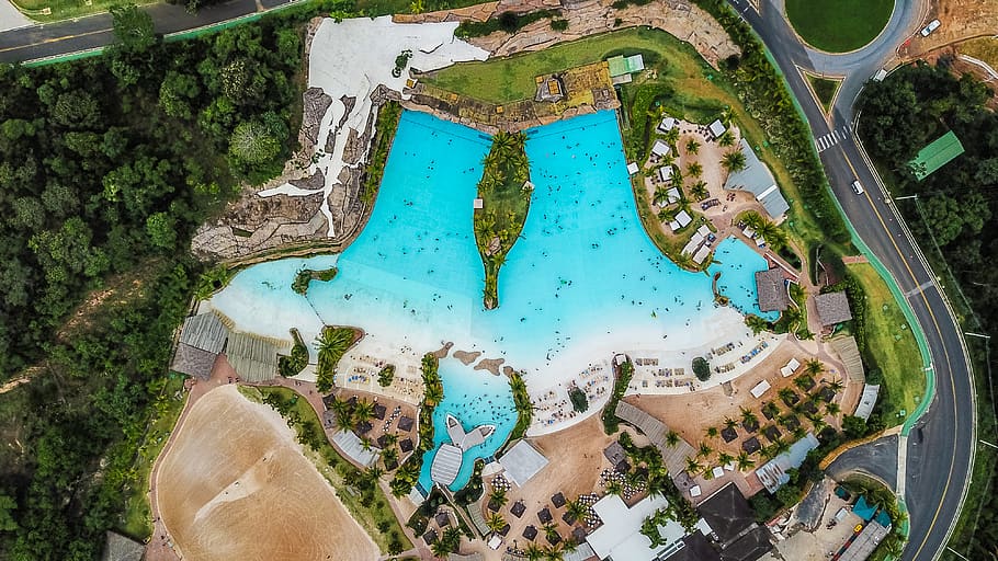 Aerial Photography of Buildings and Pool, aerial shot, architecture