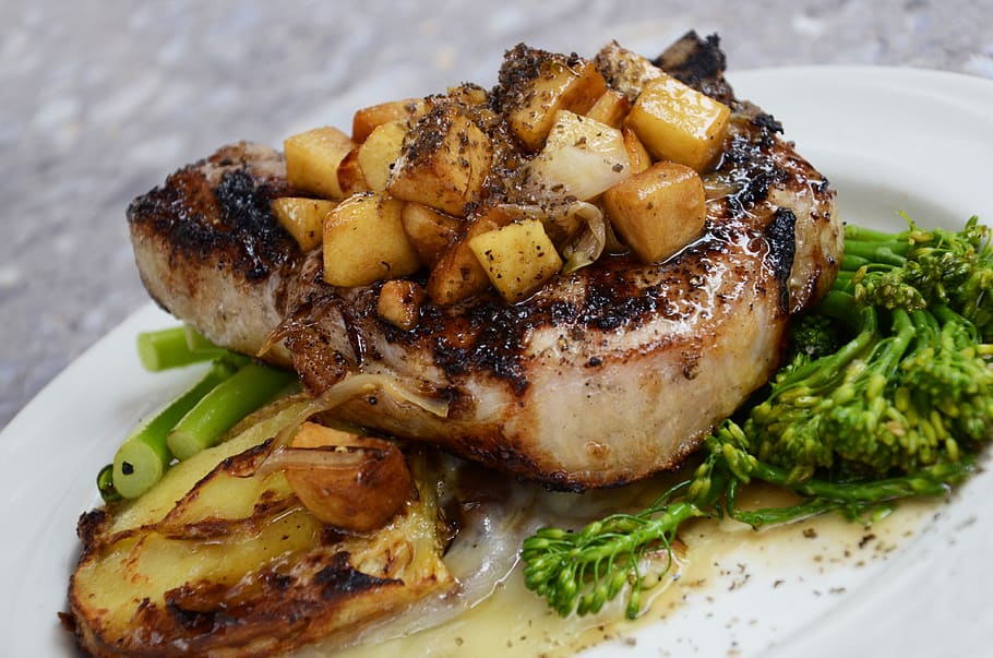 meat, pork, broccoli, potatoes, meal, dinner, supper, lunch HD wallpaper