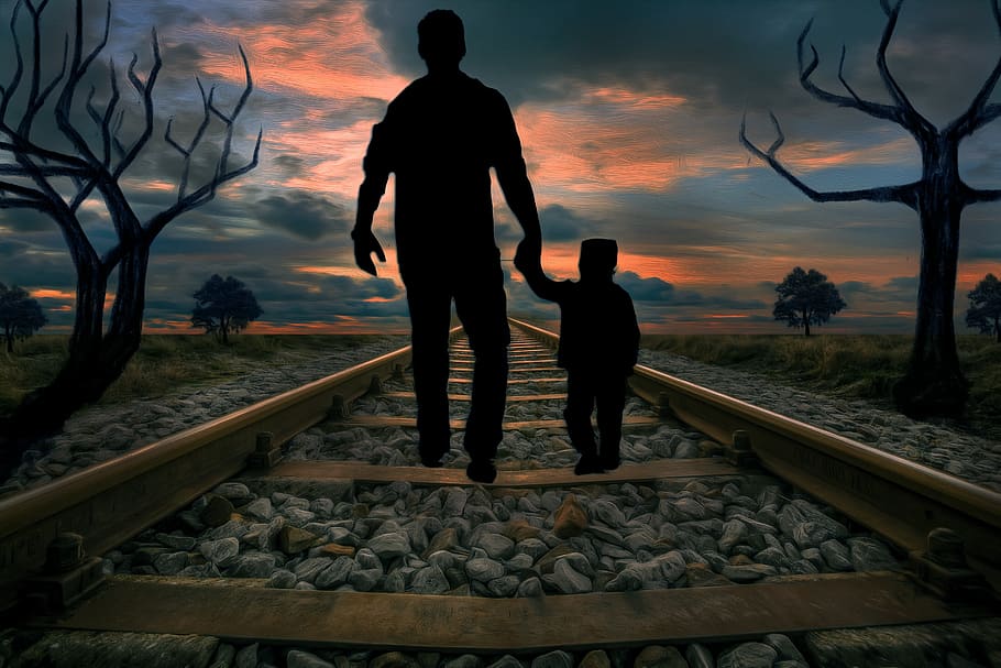 risk, mitch acker, light, nature, sunset, dusk, tree, man, child HD wallpaper
