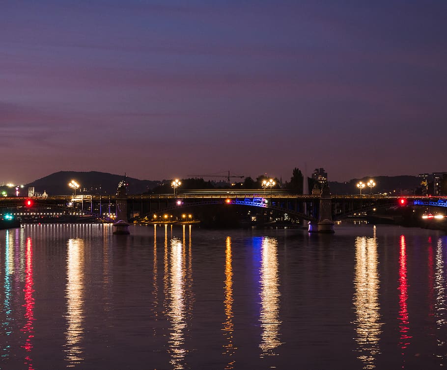 belgium, liège, water, reflection, illuminated, night, waterfront HD wallpaper