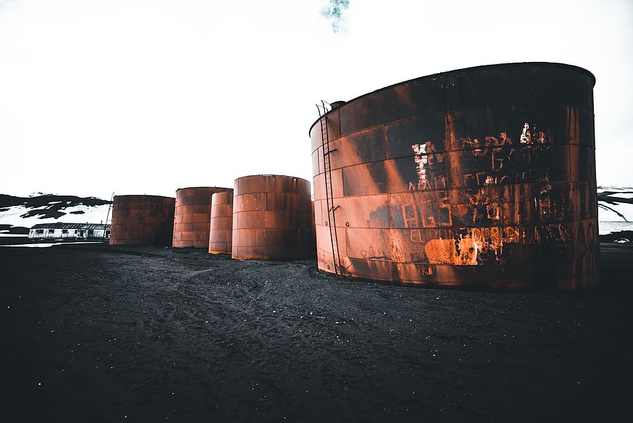 five brown barrel on sand, building, factory, rust, tank, lost place HD wallpaper
