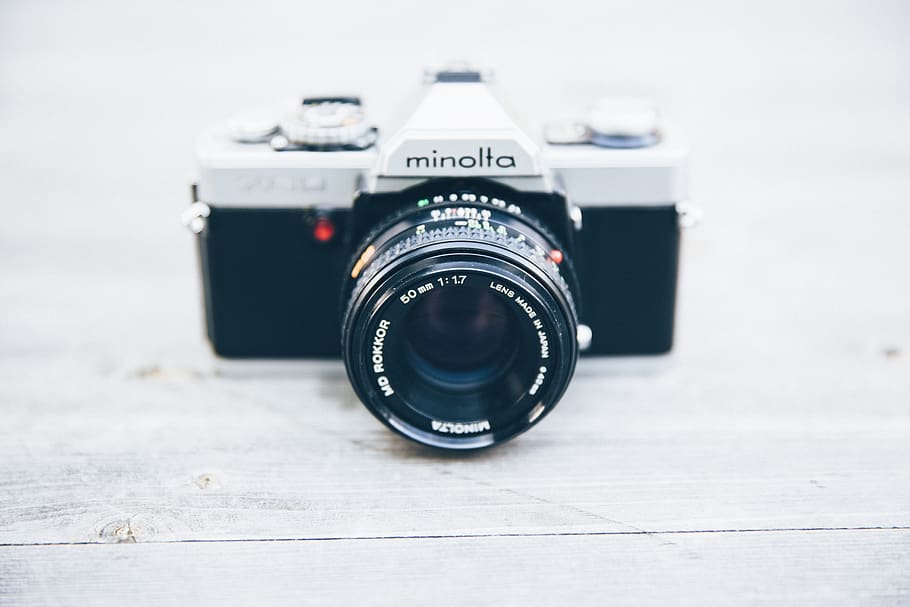 Black and Silver Minolta Camera, background, close-up, contemporary HD wallpaper
