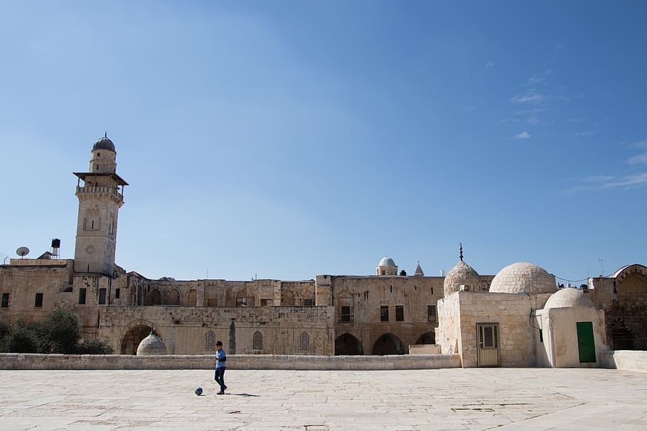 Man Playing Ball Near White Concrete Mosque, architecture, boy HD wallpaper