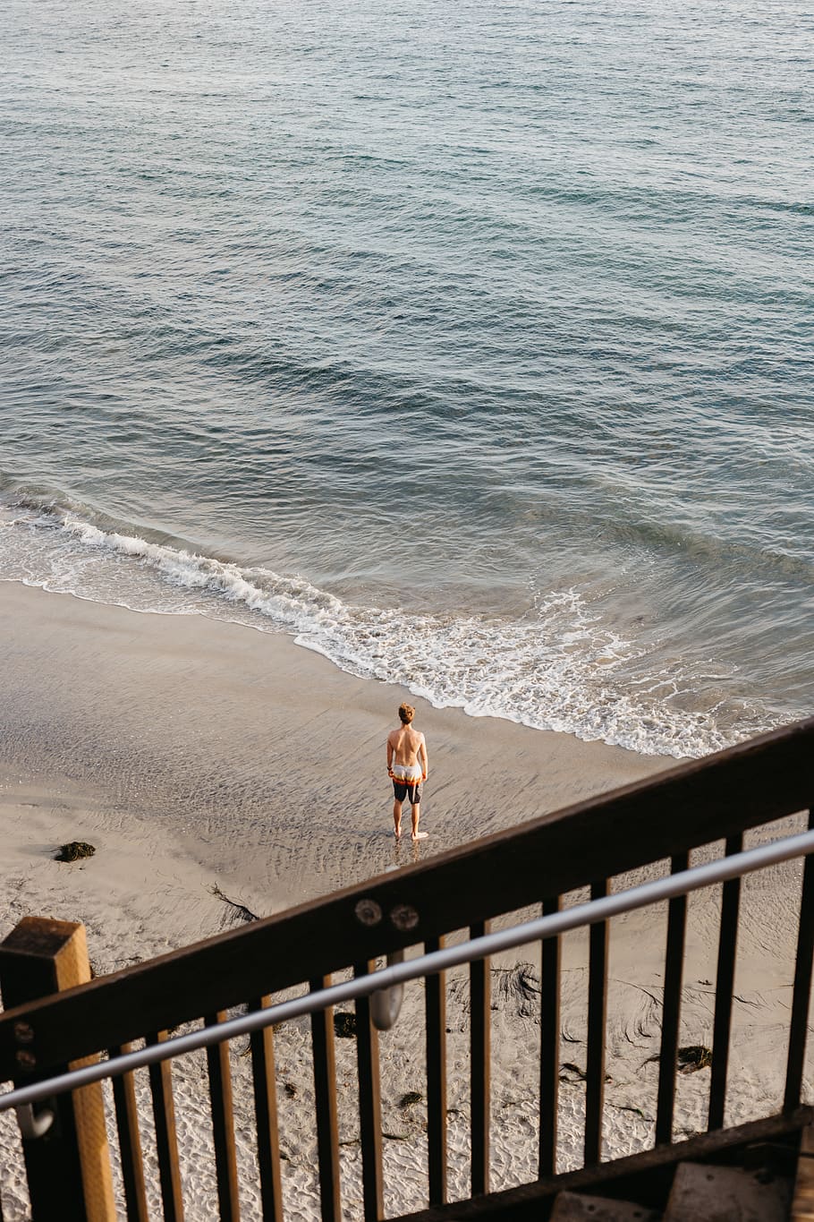 man on seashore, railing, person, human, united states, carlsbad, HD wallpaper