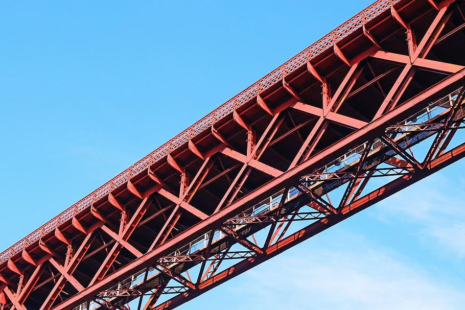red steel bridge, sky, architecture, metal, built structure, transportation HD wallpaper