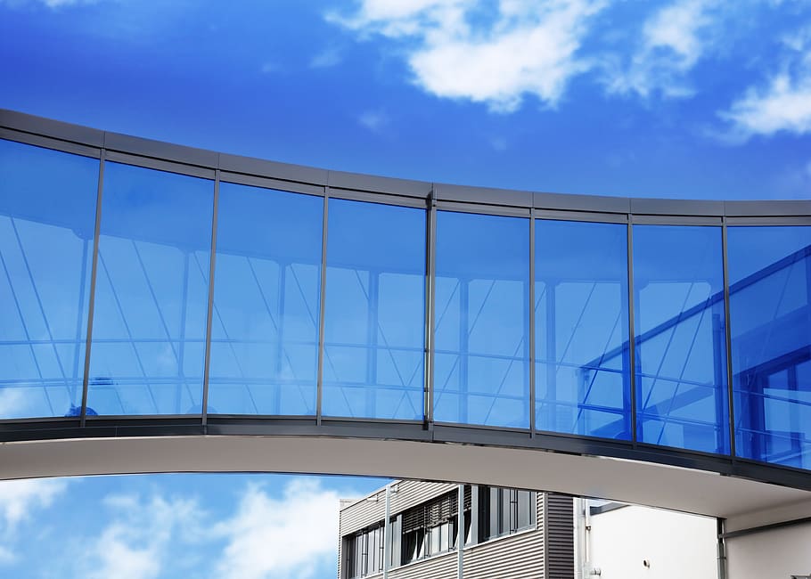 Gray Metal Framed Clear Glass Bridge, architecture, blue sky HD wallpaper