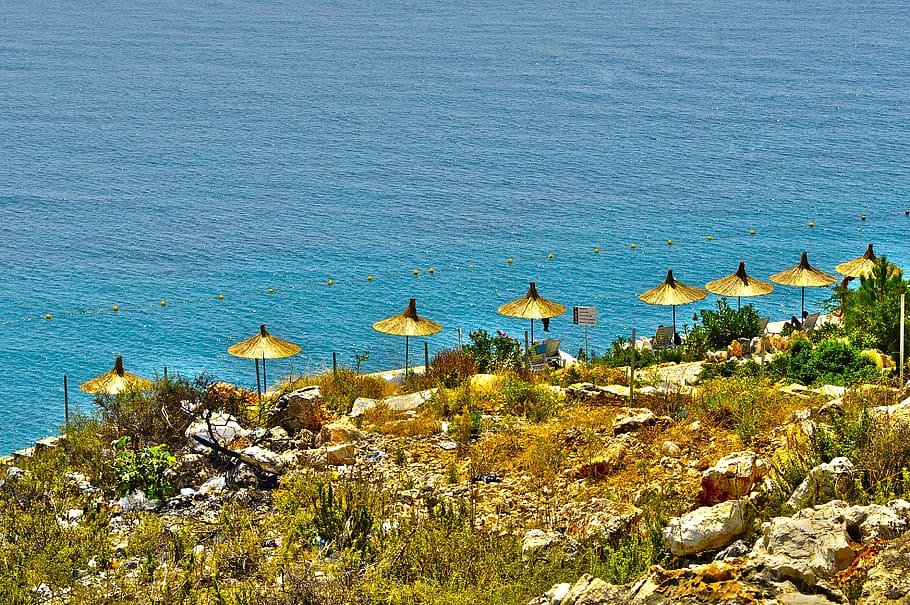 beach, umbrella, summer, sand, sea, holidays, sky, blue, nature HD wallpaper