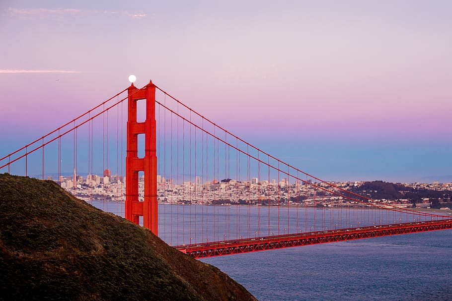 sunset, landscape, bay, sf, san francisco, moon, city, bridge HD wallpaper