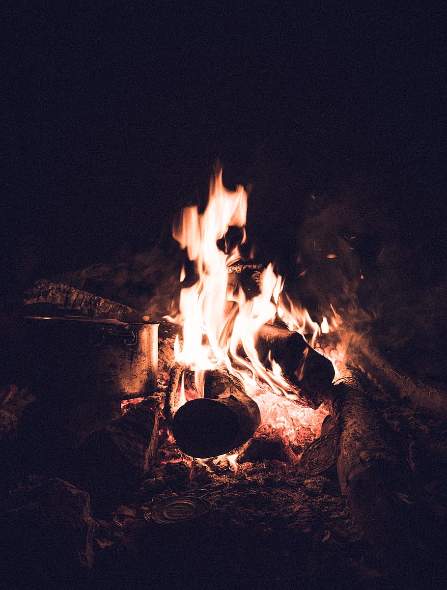 Lighted Bonfire, burning, close-up, dark, evening, flame, heat HD wallpaper