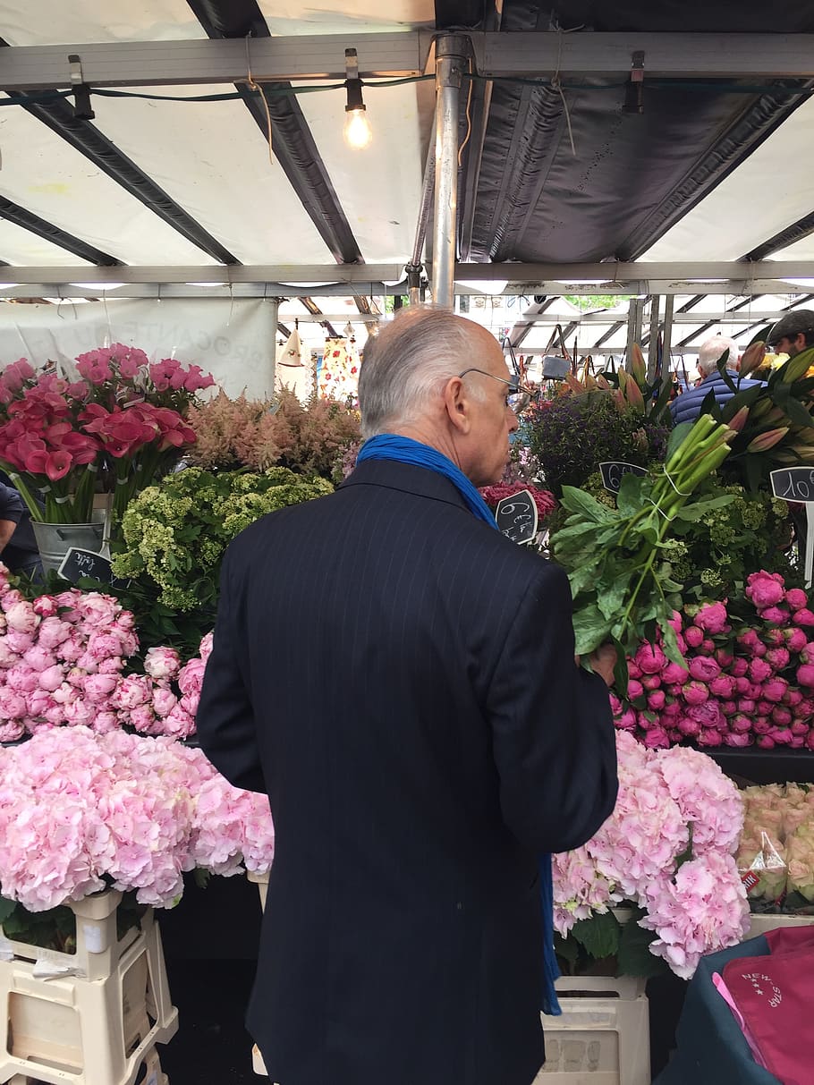 france, paris, people, market, streetmarket, gentleman, flowers