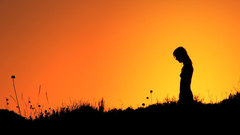 silhouette, sunset, orange color, sky, side view, one person HD wallpaper