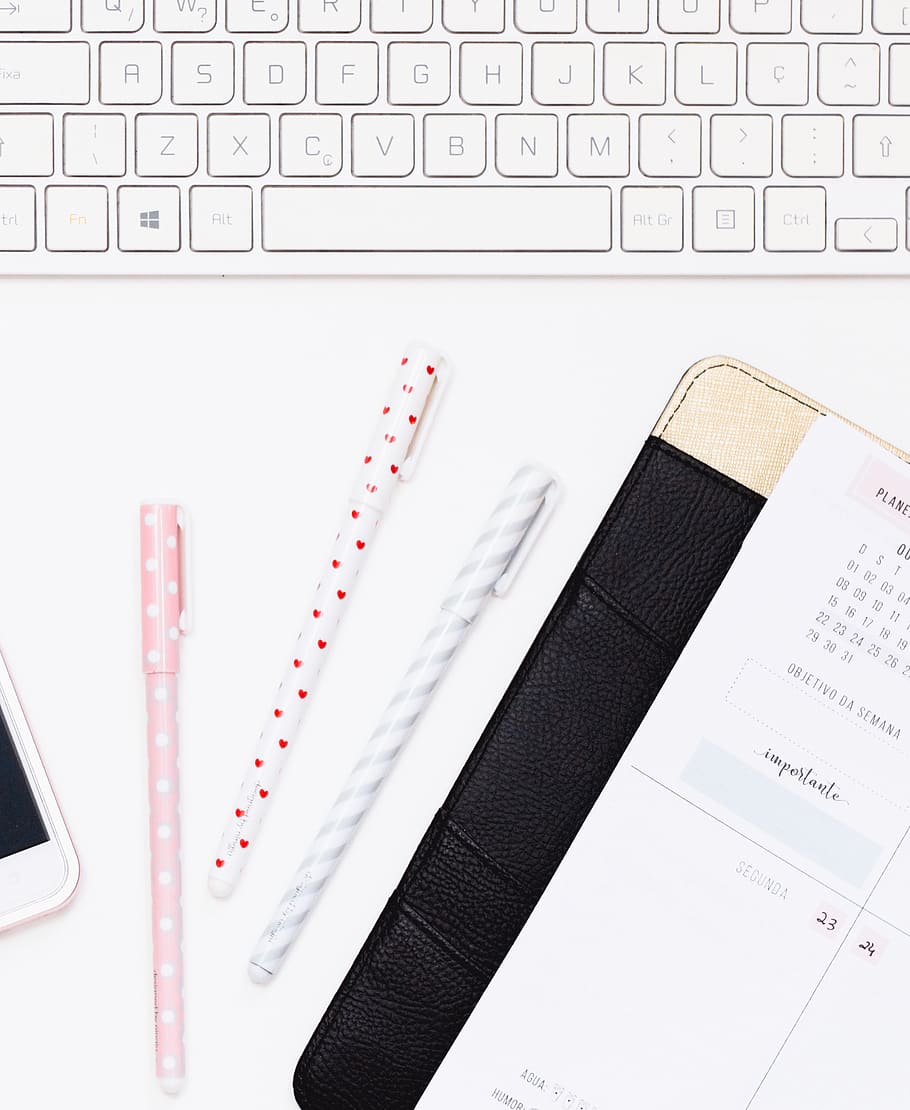 Pens And Journal, desk, flatlay, keyboard, notepad, planner, workspace HD wallpaper