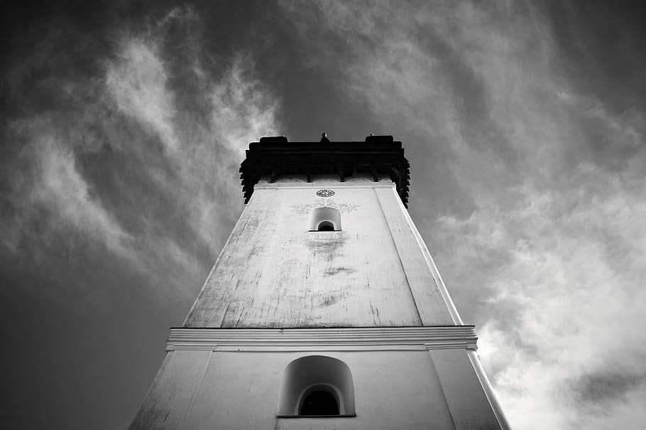 romania, temple, sky, old, tower, religion, blackandwhite, monochrome HD wallpaper