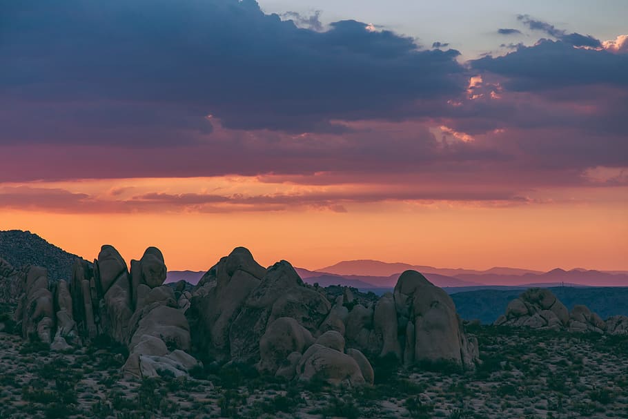 rock formation under cloudy daytime, sunset, orange, mountain HD wallpaper